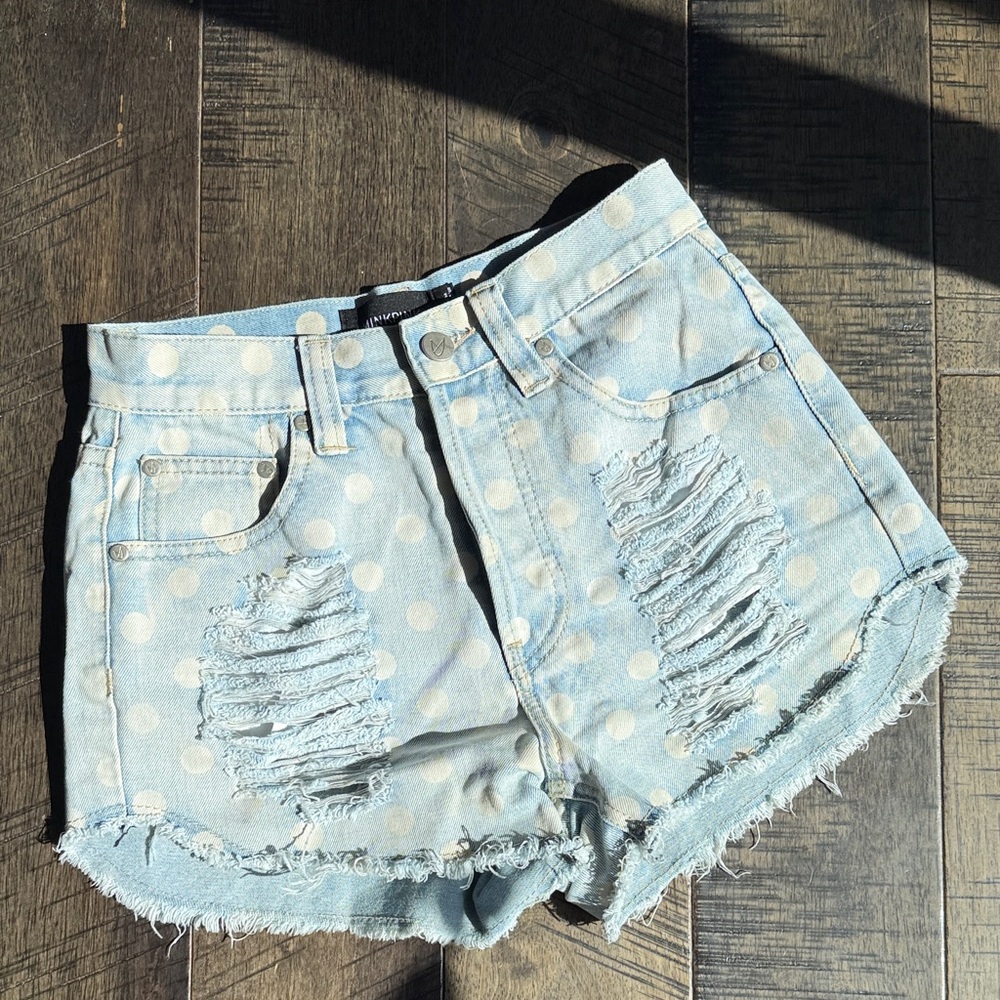 MINKOINK Polka Dot Distressed Denim Shorts - Light Blue